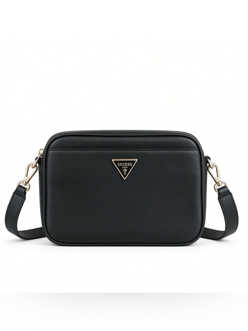 GUESS Black Pebbled Crossbody with Gold Triangle Logo